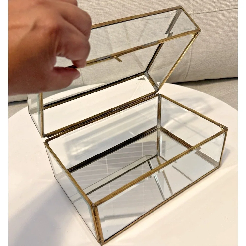 Vintage Enesco Glass Brass Large Curio Trinket Jewelry Box Display